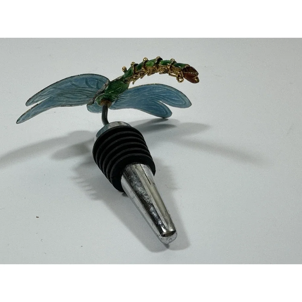 Pier 1 Cloisonne Enamel Over Metal Dragonfly Wine Bottle Stopper Plug Green